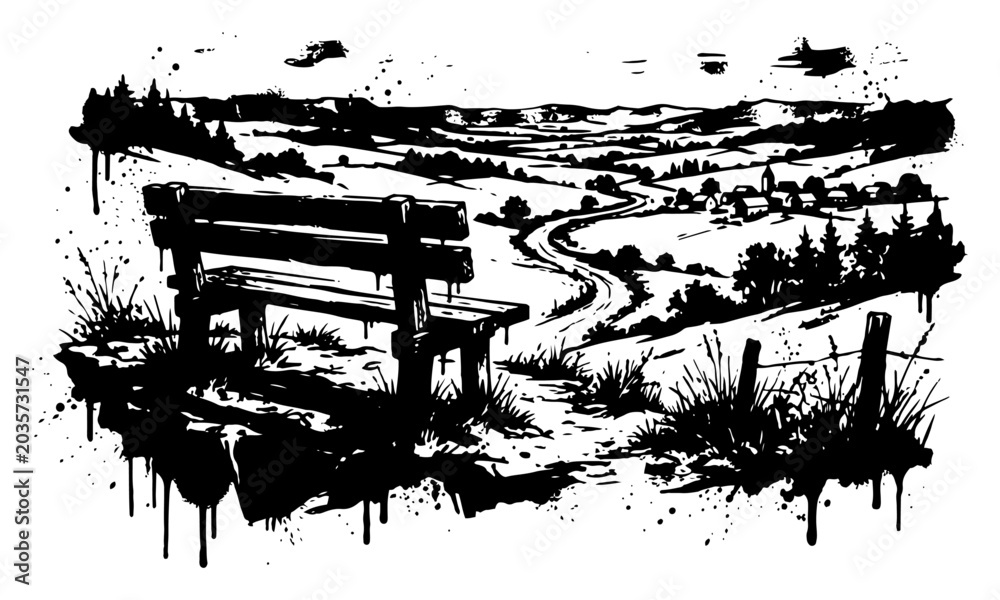 Obraz premium Wooden bench overlooking scenic valley landscape in black and white ink splatter style