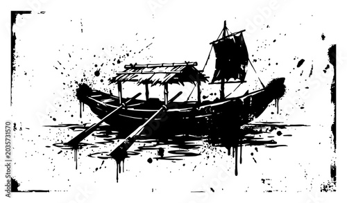 Fotografi Traditional wooden boat with thatched roof floating on water in grunge ink splat