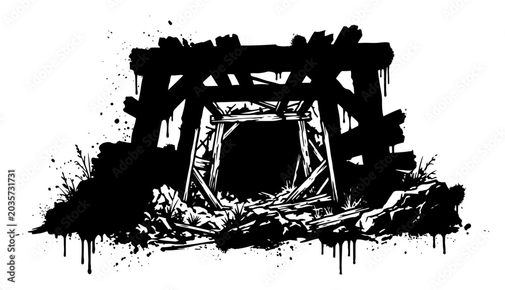 Fototapeta premium Wooden entrance of old underground mine shaft in grungy ink splatter style