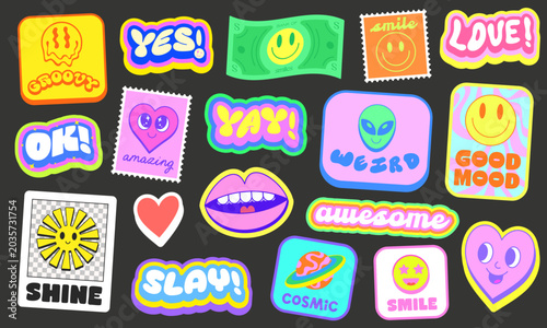 Cool Trendy Y2k Stickers Pack Vector Design. Groovy Cute Patches Graphic Elements. Pop Art Labels.
