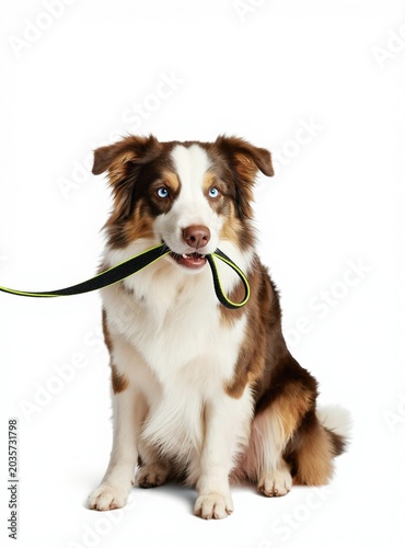 Smart border collie dog sits patiently with leash in mouth, ready for a walk. Blue-eyed dog waits indoors, indicating training and obedience, eager to go outside.