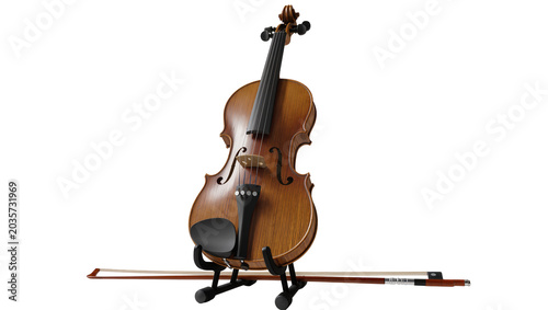 Quadro su tela Isolated beautiful wooden violin and bow on a stand, ready for classical music performance