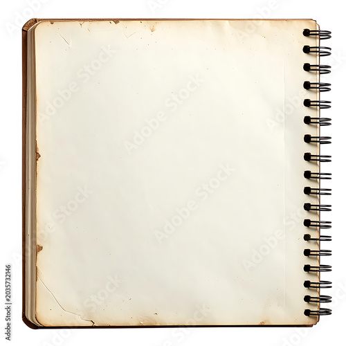 Opened aged spiral bound sketchbook with blank yellowed pages, showing discoloration and wear, isolated on white