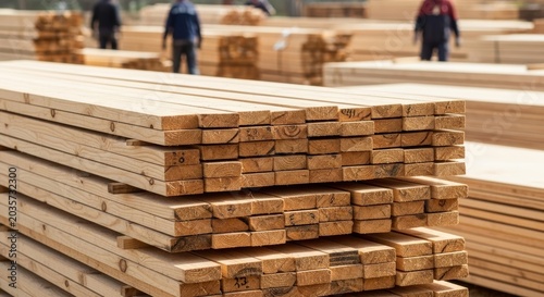 Neat stacks of processed pine wooden planks stored at an outdoor lumberyard warehouse.