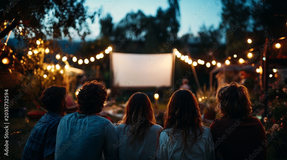 Fototapeta premium A group of friends watching a movie outdoors in a serene and peaceful setting at dusk