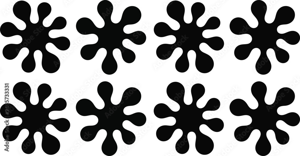 Fototapeta premium Six black splatter shapes isolated on white background