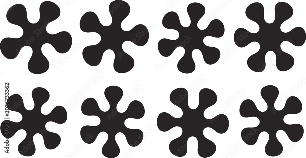Fototapeta premium Eight black floral shapes repeating pattern isolated on white background