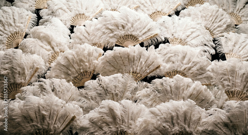 Many white feather fans on a black background
