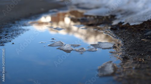 Close up view of a small puddle with floating ice pieces and clear blue water, reflecting light, with dirty ground and melting snow on the side