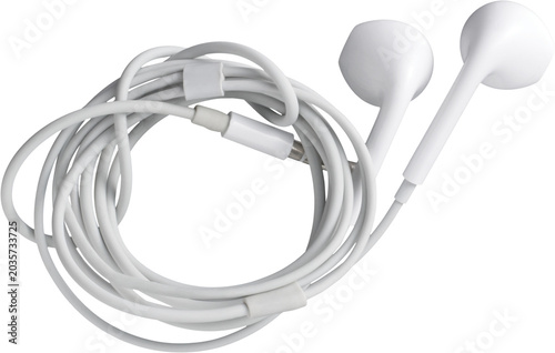 White Wired Earphones with Coiled Cable Top View isolated on transparent background