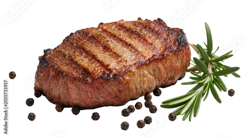 Quadro su tela Isolated grilled beef steak with fresh rosemary herb and black peppercorns for c