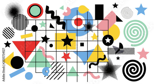 Retro Geometric Shapes Pattern, Memphis Style, Abstract Background