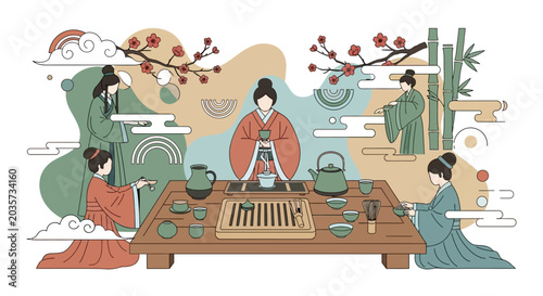 Traditional Chinese Tea Ceremony With Geishas | Vintage Illustration