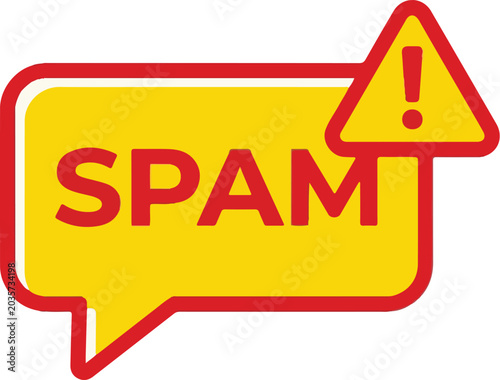 Yellow speech bubble icon with red border and bold SPAM text. Alert for junk mail, phishing, or security warning.