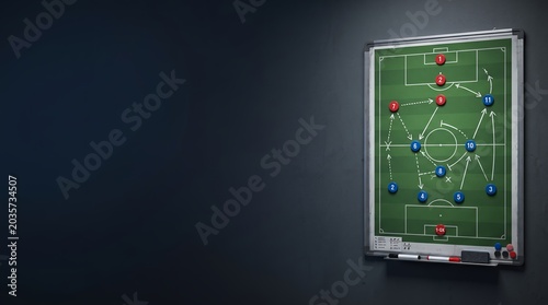 Soccer strategy board with red and blue player pieces tactical analysis illustration strategy session game plan play diagram sports strategy football tact