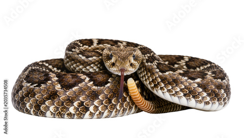Tableau sur toile Isolated rattlesnake curled up and looking at camera with tongue out, venomous r