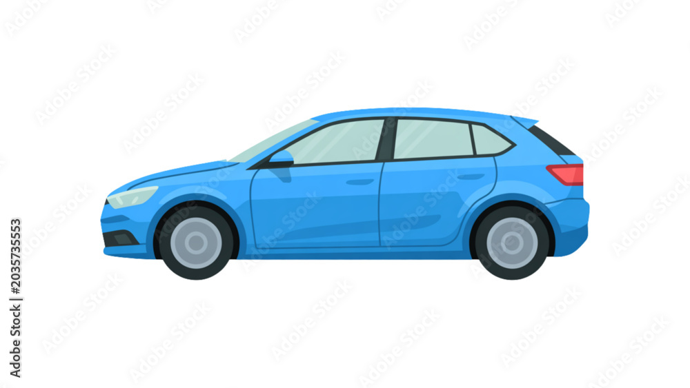 Fototapeta premium Blue modern compact car driving on road Vector
