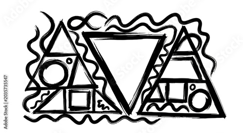Abstract geometric shapes brush strokes wavy lines black and white