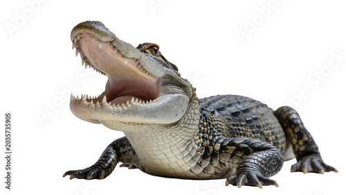 Photos Isolated young alligator with its mouth wide open, revealing sharp teeth and pow