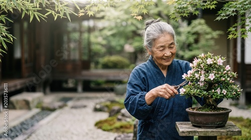 An elderly woman trims a flowering bonsai tree in a serene Japanese garden.