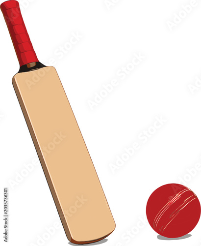 Cricket Bat and Ball Illustration: A classic cricket bat with a red handle rests beside a red cricket ball on a plain background, ready for the game.