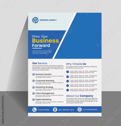 Corporate business flyer template design featuring drive your business forward motivation slogan with elegant blue geometric shapes and professional marketing brochure layout for company advertisement