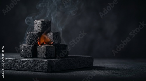 A stack of burning charcoal cubes emits wisps of smoke and orange fire on a dark stone base against a moody, atmospheric black background.