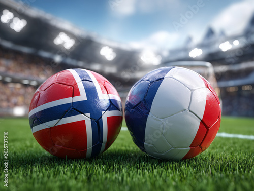 Norway and france soccer balls on stadium field