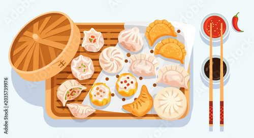 Assorted Asian Dumplings and Dips with Chopsticks and Steamer