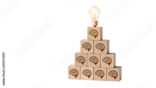 Konstfotografi Isolated glowing light bulb on wooden brain blocks pyramid representing intellig