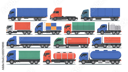 Colorful set of delivery trucks driving on a road illustration Vector