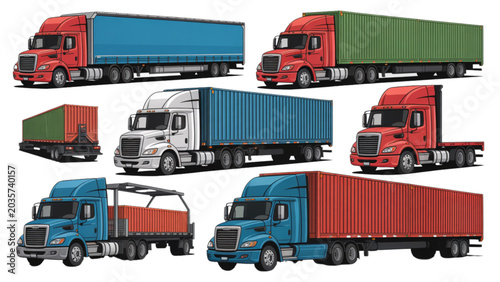 Colorful line art illustration of six different trucks driving on a road Vector