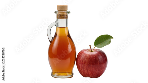 Photos Isolated glass bottle of natural apple cider vinegar and fresh red apple with le