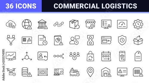 Business inventory line icon set. Vector pictograms of stock, management, logistics, and supply chain elements, thin linear illustration.