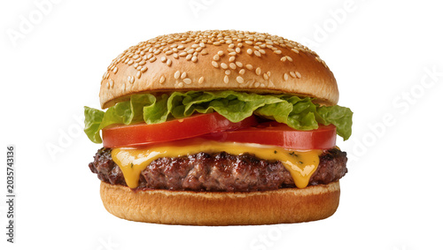 Isolated Mouth-watering cheeseburger with a grilled patty, melted cheddar, crisp lettuce, and tomato.