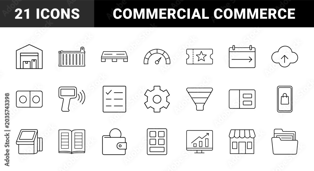 Fototapeta premium B2b ecommerce line icon set. Vector pictograms of commerce, marketplace, logistics, and trading elements, thin linear illustration.