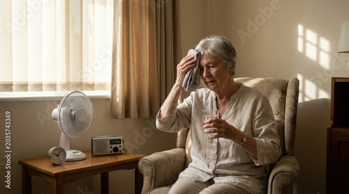 Senior enduring home blackout during dangerous summer heat without cooling