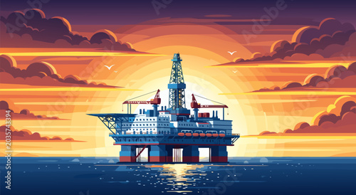 Photos Oil Rig At Sunset Vector Illustration, Maritime Platform In The Ocean With Beaut