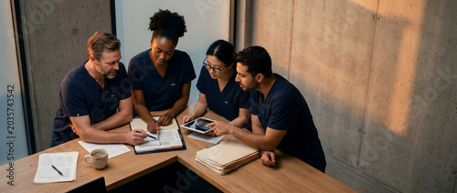 Medical team reviewing patient data and digital tablet in modern hospital office. Group of diverse doctors and nurses in blue scrubs collaborating on clinical case during meeting.