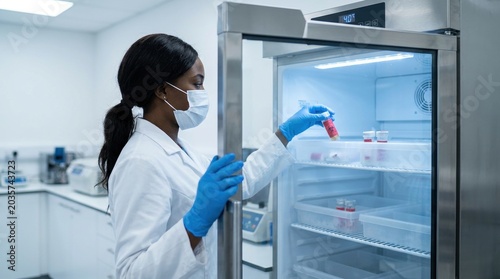 African lab technician storing Ebola samples in medical cold unit