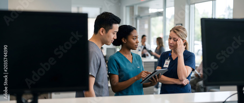 Diverse medical team using tablet to discuss patient care in modern hospital clinic lobby; stressed senior female doctor looking worried during collaborative discussion about diagnosis and exhaustion.