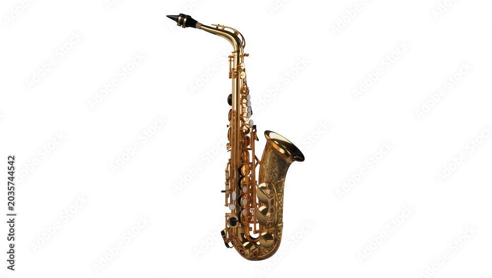 Naklejka premium Isolated golden brass musical instrument saxophone standing upright on a clean surface