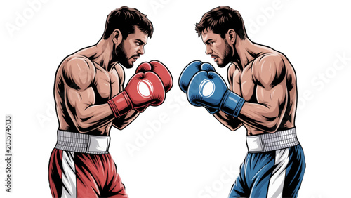Two boxers fighting in a competitive ring with gloves on Vector
