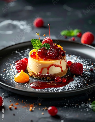 Delicious Mini Cheesecake with Berries and Mint on a Dark Plate.