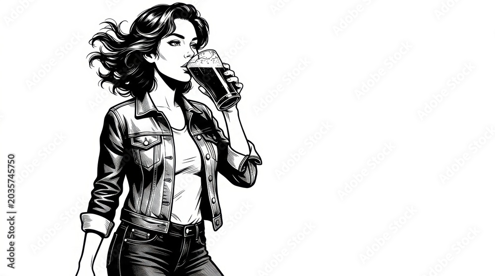 Obraz premium Stylish woman in casual clothing drinking foamy beer from a pint glass, depicted as a fictional character in black-and-white sketch engraving style vector illustration created with generative AI. 