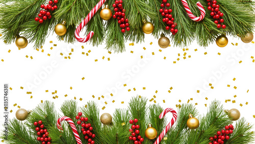 Photos Isolated elegant Christmas borders with pine branches, red berries, golden baubl
