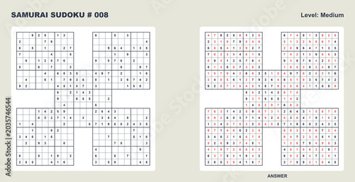 Fotografie Medium difficulty samurai sudoku puzzle grid 008 for enthusiasts