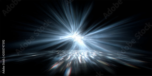 Foto Explosion of bright, blue-white light beams erupting from a central point, casting an ethereal glow on a shimmering, textured surface below, suggesting a powerful