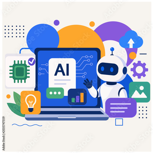 Artificial Intelligence Technology Concept with Robot Assistant and Laptop Vector Illustration
