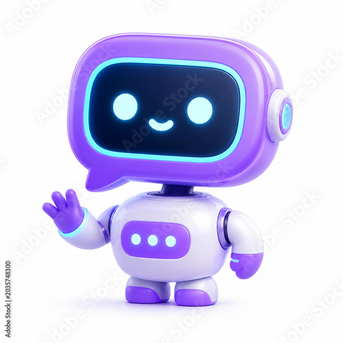 Cute Friendly AI Chatbot Robot Character Waving with Neon Glow Smiley Face 3D Icon Illustration